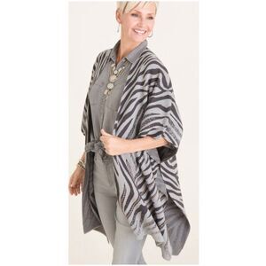 Chicos Ruana Poncho Wrap Zebra Gray Open Sweater Shawl Animal Print S M Fall